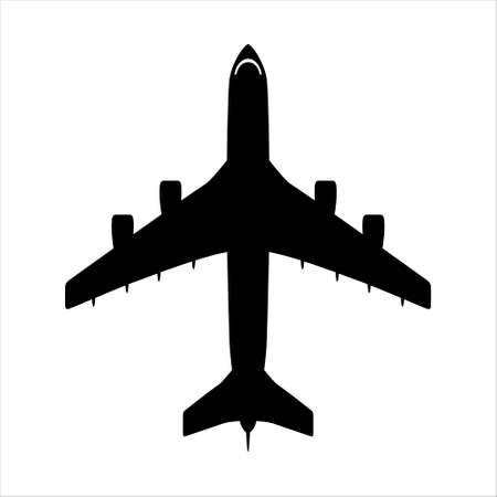 Airplane black icon. Raster illustration isolated on white background. Passenger plane with four jet engines. Top view icon for apps and websitesの写真素材