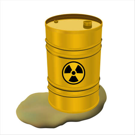 Yellow metal barrel with radioactive waste and spilled liquid. Concept of pollution. Toxic refuse keg. Poisonous liquid cask. Danger of ecological disasterのイラスト素材