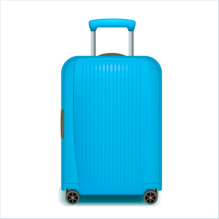 Realistic blue wheeled travel bag with hand. Plastic travel suitcase. 3D rendering isolated on white background.のイラスト素材