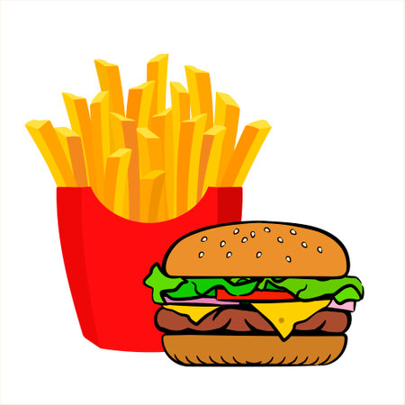 Delicious appetizing burger and French fries in a red carton box. Vector illustration isolated on white backgroundのイラスト素材