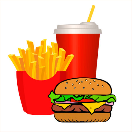 Delicious appetizing hamburger, cola and French fries in a red carton box. Coffee takeaway. Vector illustration isolated on white backgroundのイラスト素材