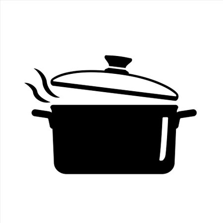 Cooking pan icon. Saucepan with glass lid. Saucepan with boiling soup. Vector illustration isolated on white background.のイラスト素材