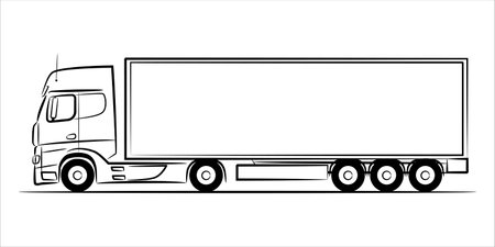 Semi trailer truck abstract silhouette on white background.  A hand drawn line art of a trailer truck car. Vector illustration view from side.のイラスト素材
