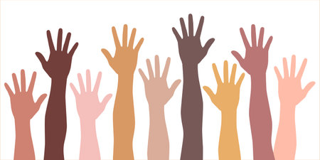 Colored volunteer crowd hands isolated on white background. Raised Multi-ethnic and Diverse hand silhouettes, people colorful voting vector illustration. Teamwork, collaboration, vのイラスト素材