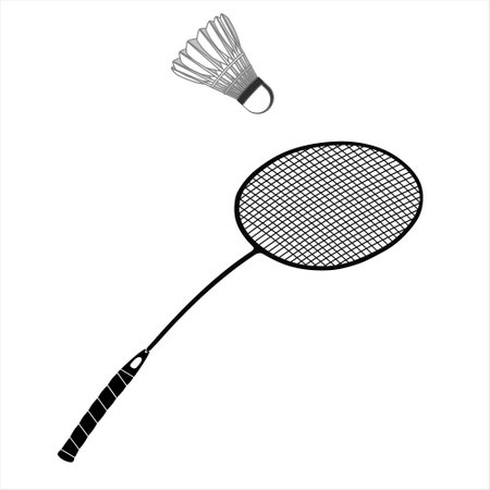 Flat black badminton racket and shuttlecock isolated on white background. Flat linear icon for sports apps and websites. Equipment for racket sports. Vector illustration. EPS 10.のイラスト素材
