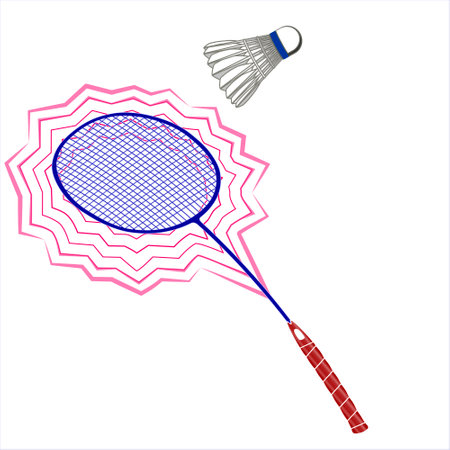 Flat black badminton racket and shuttlecock isolated on white background. Flat linear icon for sports apps and websites. Equipment for racket sports. Color illustration.のイラスト素材