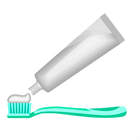 Toothbrush & toothpaste on white background. Dental hygiene, dentist symbol. Health care, toothpaste, oral cleaning. For dental hygiene illustrations. Flat design for apps and websのイラスト素材