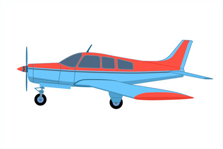 Propeller light aircraft. Single engine propelled aircraft. Airplane side view sketch. Plane in cartoon design. Passenger plane flying in the sky side view. Flat style vector illusのイラスト素材