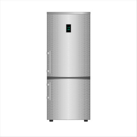 Realistic kitchen refrigerator with closed door. Kitchen 3d appliance with digital display, front view. Fridge machine isolated on white background. Vector illustration EPS 10のイラスト素材