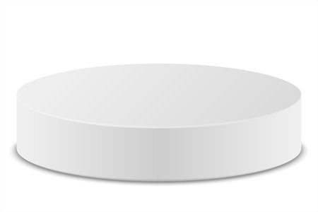 Empty white round podium with shadows on white background. Abstract 3d platform or cylinder pedestal. product display stand. Scene for cosmetic product advertising, showcase.のイラスト素材