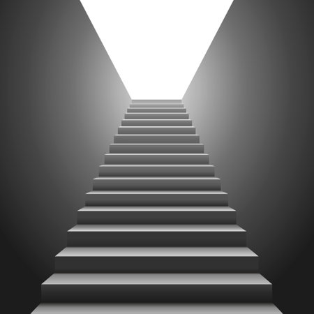 Vector realistic illustration of a stair leading up to a bright light. Staircase with blank side walls. Stairway to business success or career ladder. Architecture constructionのイラスト素材