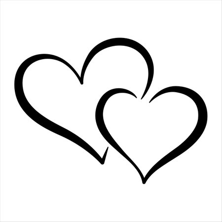 Couple of black outlined hearts on white background. Holiday Design element Valentine's day. Icon love decor for web, wedding and print. Drawn love vector symbol isolated on whiteのイラスト素材