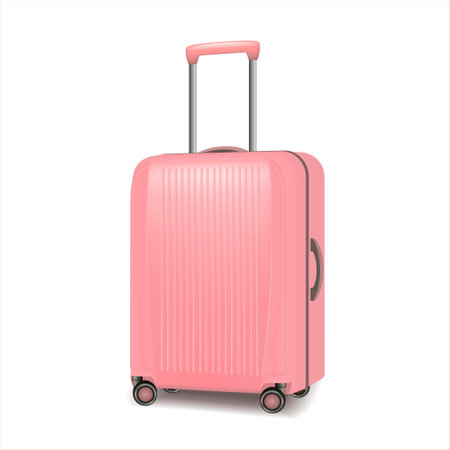 Realistic light pink wheeled travel suitcase with hand. Plastic travel suitcase with shadow. 3d illustration isolated on white background. Vector illustration.のイラスト素材