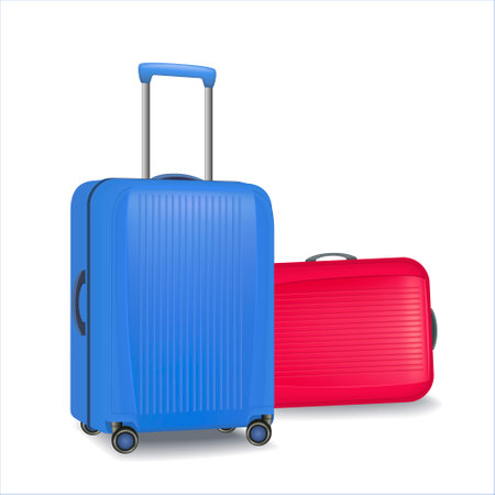 Realistic blue and red wheeled travel suitcases with hand. Plastic travel suitcase with shadow. 3d illustration isolated on white background. Vector illustration.のイラスト素材