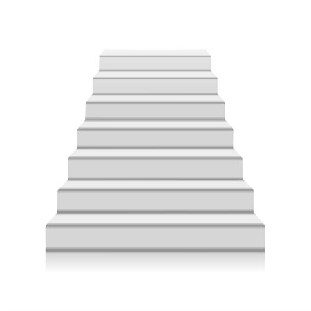 White staircase realistic illustration, isolated on white background. White stairs blank mockup. Front view of white staircase. Steps up. A symbol of the Achievements. Front view oのイラスト素材
