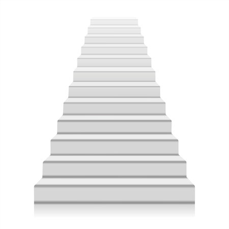 White staircase realistic illustration, isolated on white background. Front view of white staircase. Steps up. A symbol of the Achievements. Blank mockup for platform. Front view oのイラスト素材