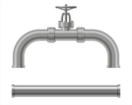 Realistic stop valve and metal pipe set. Manual rotary valve type is silver gray for installation in the water supply system. Vector illustration isolated on white backgroundのイラスト素材
