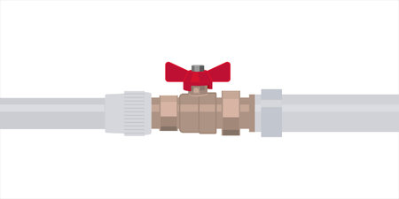 Butterfly ball valve for central heating. Plastic pvc pipe and plumbing gate ball vale on a white backgroundのイラスト素材