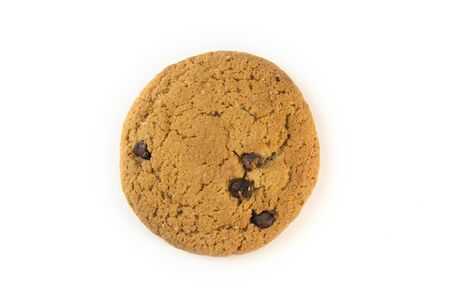 One round oatmeal cookie with chocolate on a white background.の写真素材