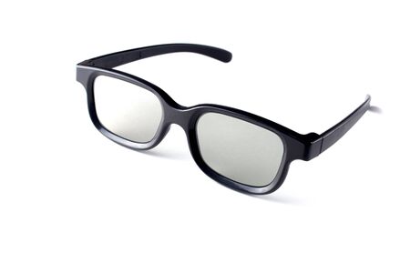 black plastic glasses for 3D cinema on a white isolated background close-up with plastic lenses.の写真素材