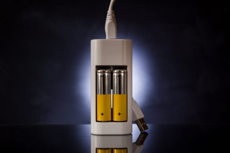 White battery charger on a blue