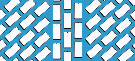 Smartphones with white screens on a blue background located vertically and diagonally make up a...