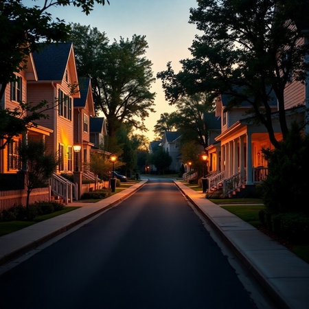 Houses along a street at dusk, in Baltimoreland.の素材