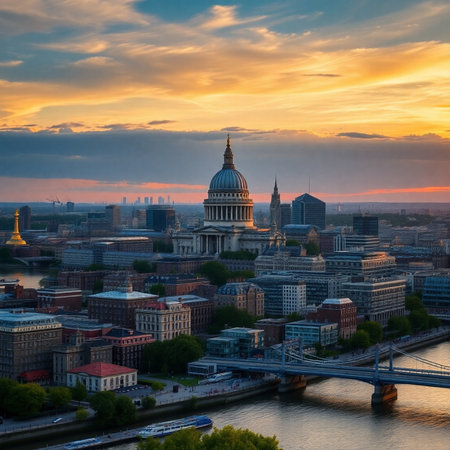 St. Paul's Cathedral and River Thames at sunset, London, UKの素材