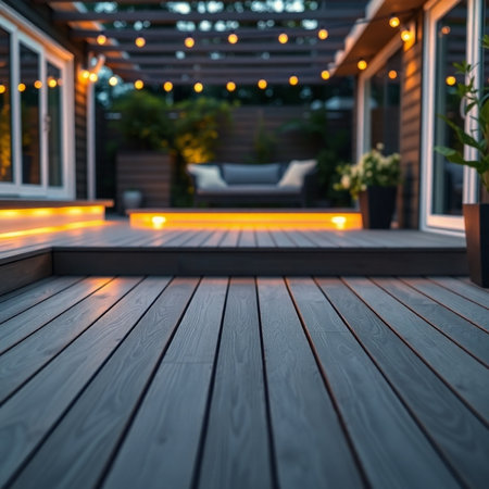 Wooden terrace with furniture and bokeh lights on the backgroundの素材