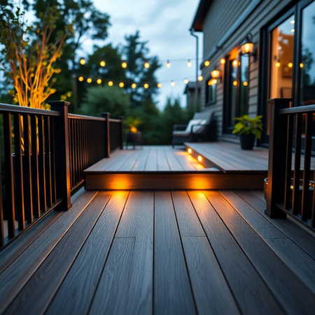 Outdoor terrace with wooden floor and garlands of lights.の素材
