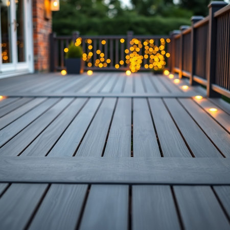 Wooden deck with garland lights in the evening. Blurred backgroundの素材