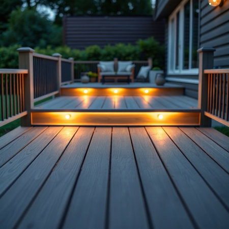Wooden deck with glowing lanterns on the terrace at nightの素材