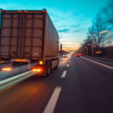 Truck on the road with motion blur background. Freight transportation.の素材