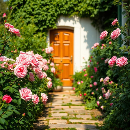 Roses in the garden with old wooden door and wooden door.の素材
