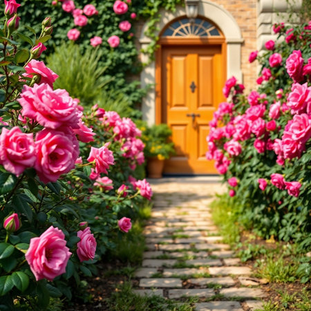 Beautiful garden with blooming pink roses in front of the doorの素材