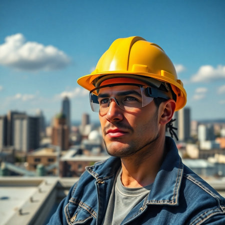 Portrait of a male construction worker in a hardhat on the background of the cityの素材