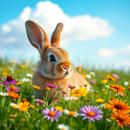 Cute rabbit on a meadow with daisies and flowersの素材