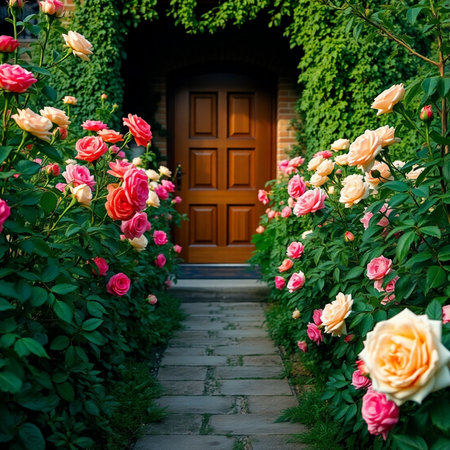Rose garden in front of the entrance to the house with a doorの素材