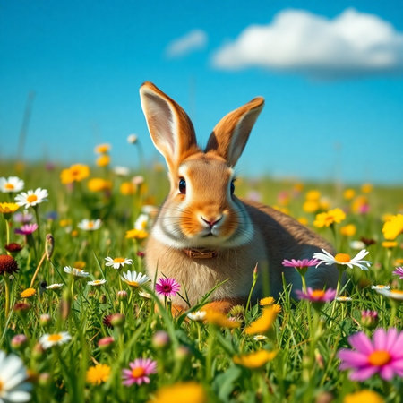 Cute red rabbit on a meadow full of daisiesの素材