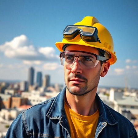 Portrait of a male construction worker wearing safety helmet and glasses over urban backgroundの素材
