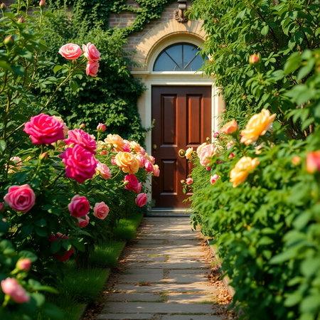 Beautiful blooming roses in front of the entrance to the houseの素材