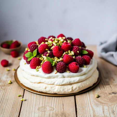Pavlova cake with fresh raspberries and pistachiosの素材