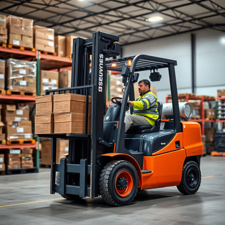 Worker driving forklift loader in warehouse. This is a freight transportation and distribution warehouse. Industrial and industrial workers conceptの素材