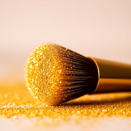 Make-up brushes with golden glitter on a white background. Macroの素材