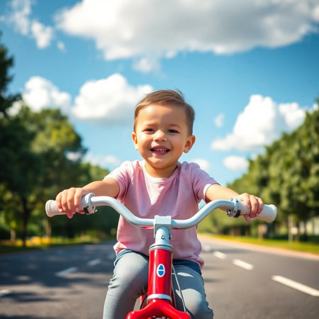 Happy little girl riding a bike on the road in the park.の素材
