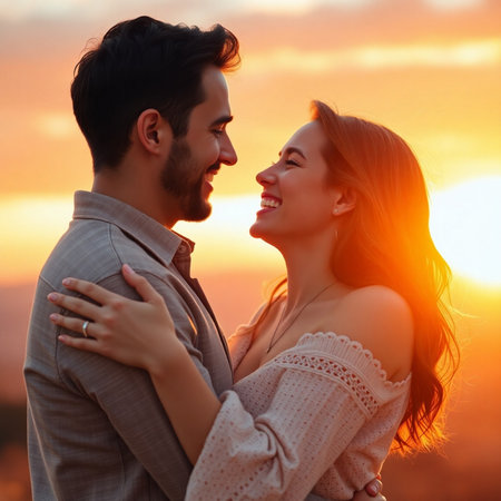 Happy young couple in love hugging and smiling at each other on the sunset backgroundの素材