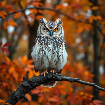 Eurasian Eagle Owl (Bubo bubo) sitting on a branch in the autumn forestの素材