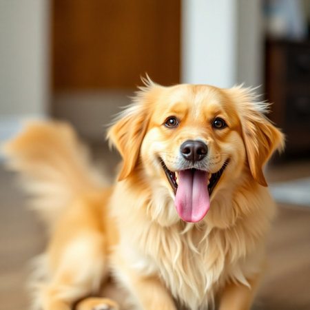 Portrait of a cute golden retriever with tongue out at homeの素材