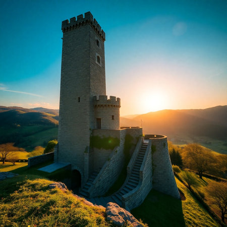 Sunrise at the castle in the Carpathian mountains, Ukraineの素材