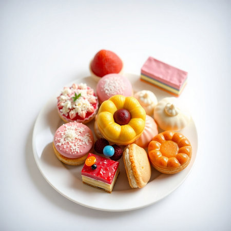 assorted donuts on a white plate on a white background.の素材
